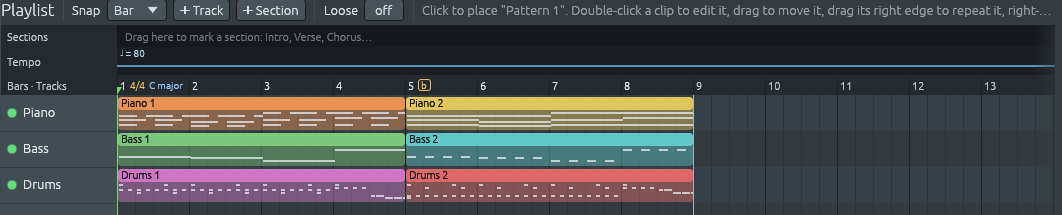 The playlist of the same ballad: bars 1 to 4 and 5 to 8 are separate patterns for each player, and the ruler shows a boxed “b” at bar 5. Bass 2 has a note on every beat, and Drums 2 is busier