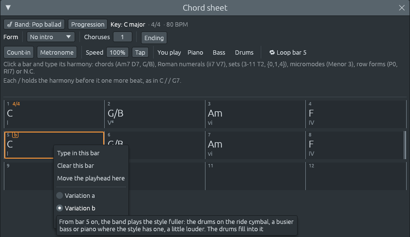 The chord sheet of an eight-bar pop ballad. Bar 5 has a boxed “b”. Its menu is open, with Variation a and Variation b, b chosen, and the hint: “From bar 5 on, the band plays the style fuller: the drums on the ride cymbal, a busier bass or piano where the style has one, a little louder. The drums fill into it”