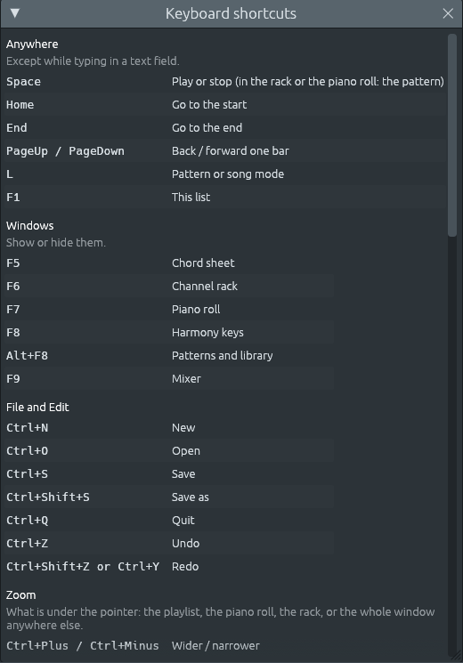 Help > Keyboard shortcuts: each section says when its keys work.