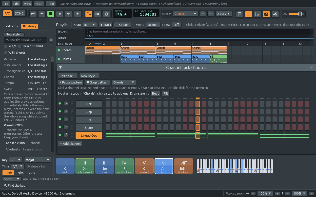 The channel rack on the Chords pattern while it plays in pattern mode: the light over the step that sounds lit orange and its column outlined down every row, the drum rows empty with the line “No drum steps in Chords: click a step to add one. Drums are in: Beat, Fill”, and the Lineup Osc row showing the chords as a small piano roll