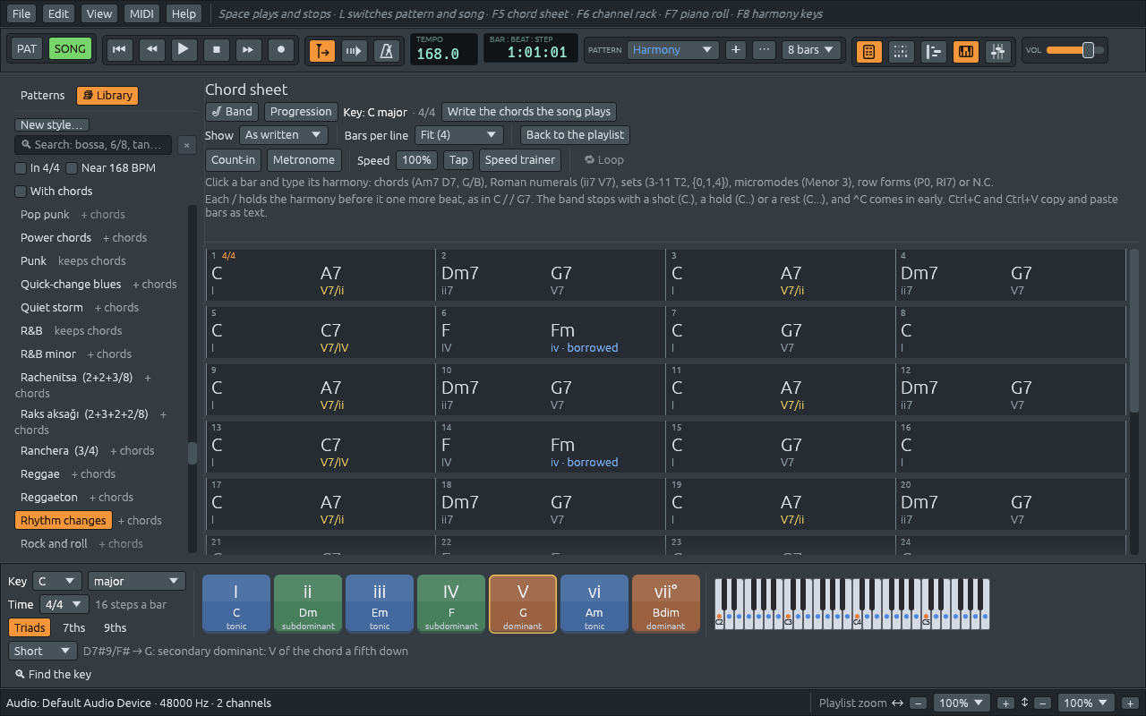 The chord sheet of the Rhythm changes demo, filling the main window: each chord written where its beat falls, with its Roman numeral under it, the secondary dominants such as V7/ii in yellow and the borrowed iv in blue