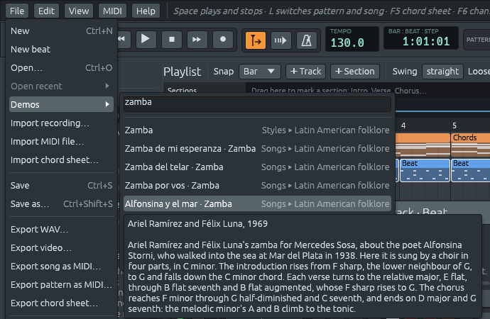 File > Demos with “zamba” typed in its search box: the style Zamba, then Zamba de mi esperanza, Zamba del telar, Zamba por vos, Alfonsina y el mar and Balderrama, each followed by “Songs ▸ Latin American folklore”, and fainter, the styles Cueca and Marinera. The pointer is on Alfonsina y el mar, whose notes say who wrote it, why, and how its harmony moves.