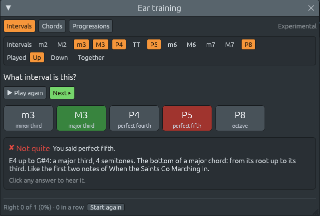 The Ear training window on its Intervals tab: the intervals m3, M3, P4, P5 and P8 chosen, played Up. The answer P5 is red and M3 green, and the box says “Not quite. You said perfect fifth. E4 up to G#4: a major third, 4 semitones. The bottom of a major chord: from its root up to its third. Like the first two notes of When the Saints Go Marching In.” The score line says “Right 0 of 1 (0%) · 0 in a row”.
