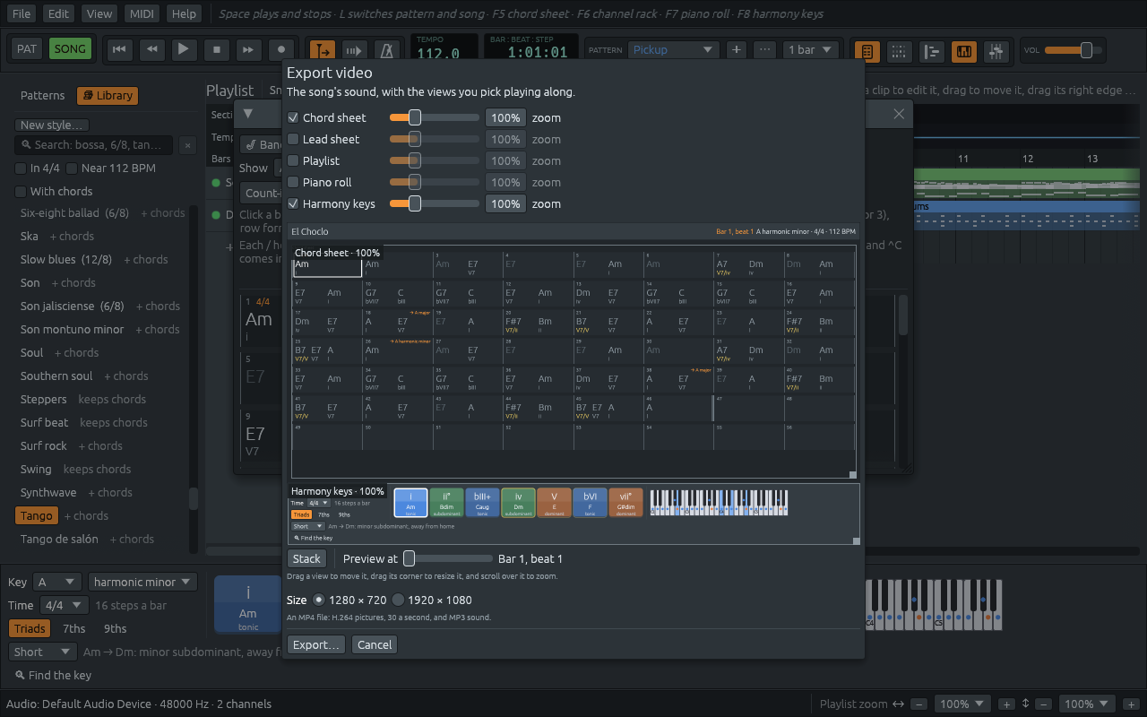 The Export video window for the El Choclo demo: Chord sheet and Harmony keys ticked, each with its zoom at 100%, and the preview of the picture under them: the title line “El Choclo”, “Bar 1, beat 1”, the key A harmonic minor, 4/4 and 112 BPM, the chord sheet in the top box and the harmony keys in the bottom one; then Stack, Preview at, the sizes 1280 × 720 and 1920 × 1080, and Export…