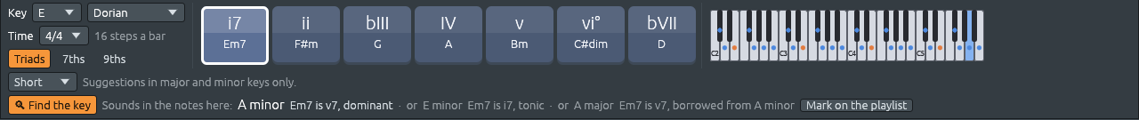 Find the key on a song in E Dorian: A minor is shown brightest, with E minor and A major fainter after it, and what the chord playing is in each