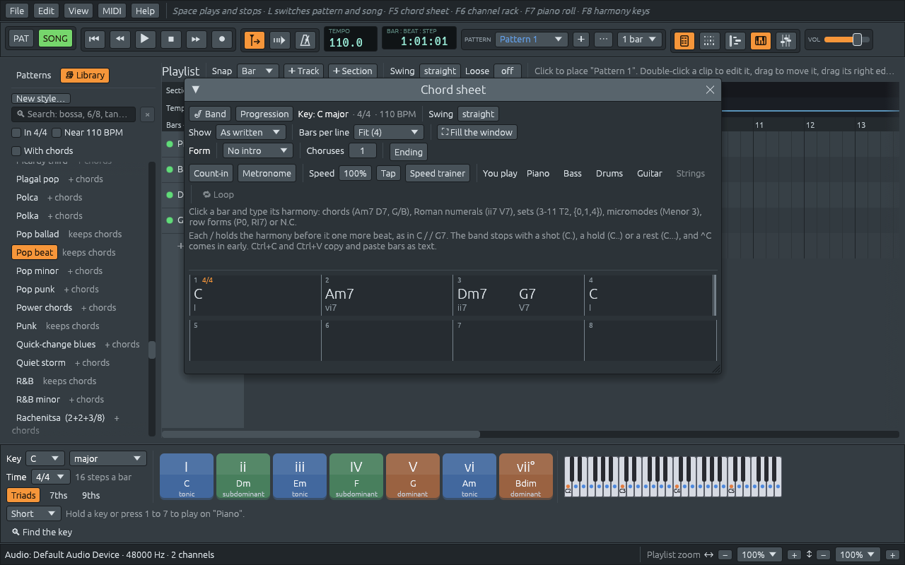 The chord sheet of a new song, with C, Am7, Dm7 G7 and C typed in the first four bars, and the band’s tracks on the playlist behind it