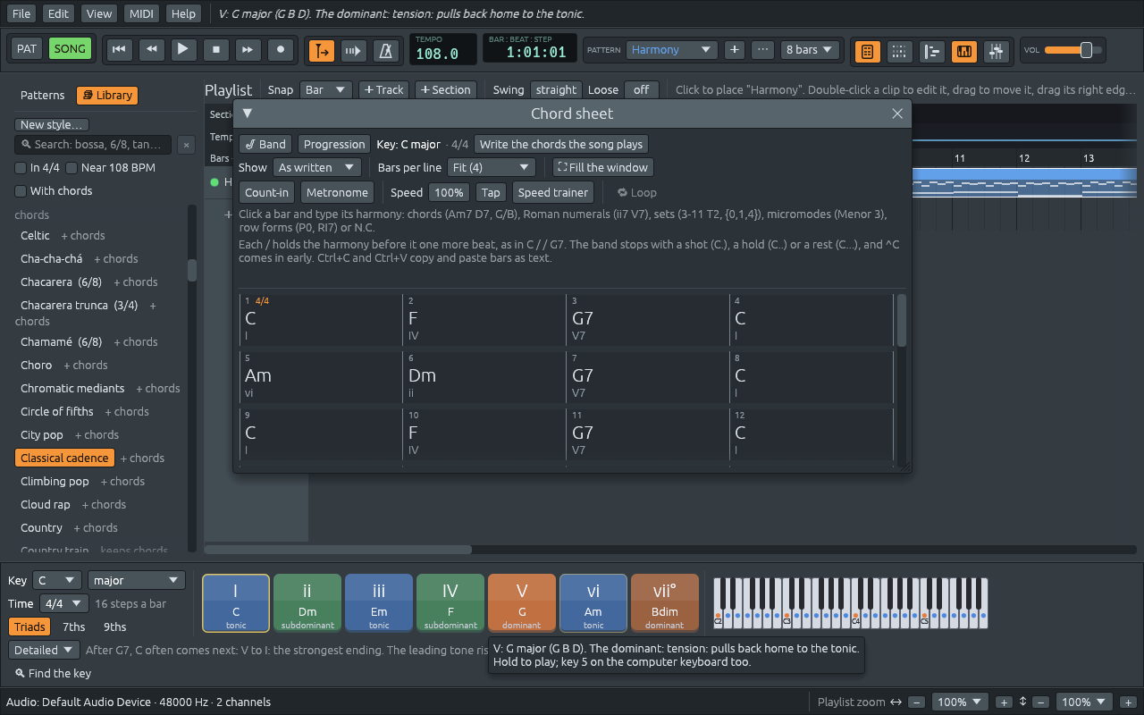 The chord sheet of the demo Classical cadence, in C major: C F G7 C, Am Dm G7 C, C F G7 C, with the numerals I IV V7 I, vi ii V7 I under the chords; the harmony keys with Detailed hints, the line “After G7, C often comes next: V to I: the strongest ending. The leading tone rises…”, and the pointer on the V key: “V: G major (G B D). The dominant: tension: pulls back home to the tonic.”