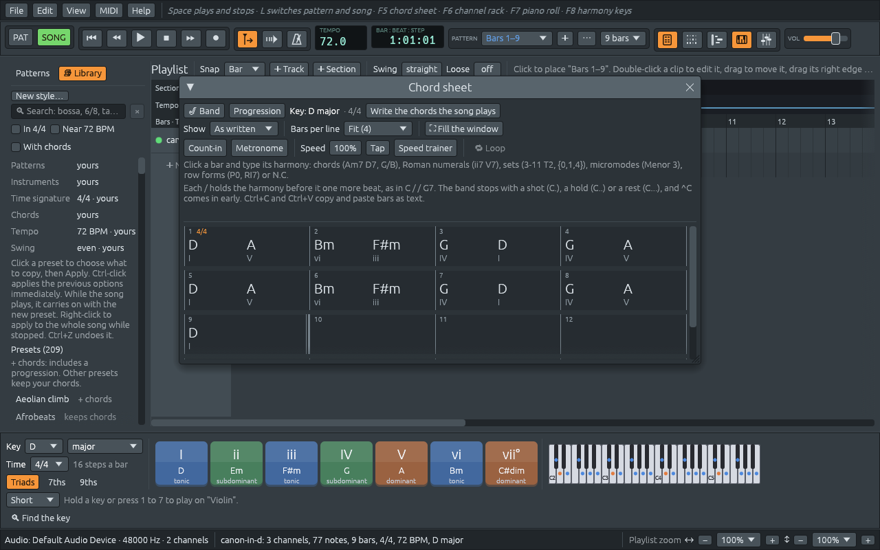 Pachelbel’s Canon opened from a MIDI file: the chord sheet in front with the chords heard in it, D A Bm F#m G D G A, with their numerals I V vi iii IV I IV V, the key D major and 72 in the tempo display, the pattern Bars 1–9 in the toolbar, and the status bar saying “canon-in-d: 3 channels, 77 notes, 9 bars, 4/4, 72 BPM, D major”