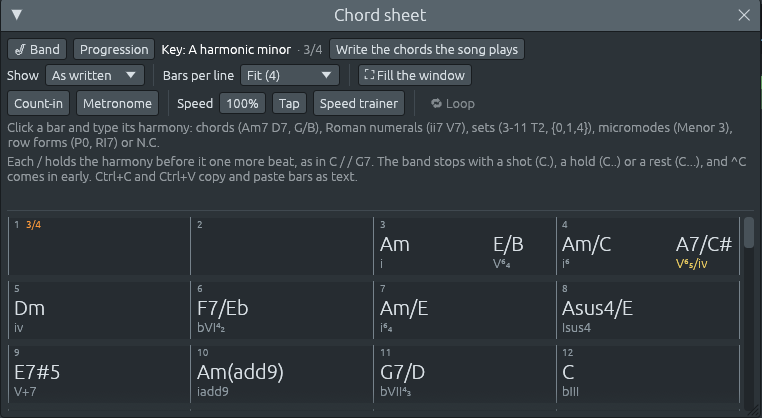 The chord sheet of the demo Misa Criolla: Kyrie, in A harmonic minor and 3/4: bars 3 to 12 read Am E/B, Am/C A7/C#, Dm, F7/Eb, Am/E, Asus4/E, E7#5, Am(add9), G7/D, C, with their numerals under them, i V⁶₄, i⁶ V⁶₅/iv (in yellow), iv, ♭VI⁴₂, i⁶₄, Isus4, V+7, iadd9, ♭VII⁴₃, ♭III