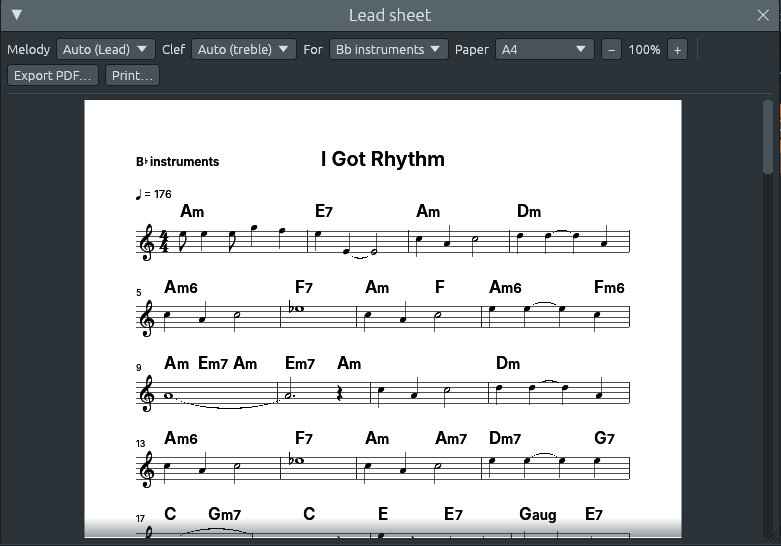 The Lead sheet window on the demo I Got Rhythm, written for B♭ instruments: “B♭ instruments” at the top left of the page, the treble clef with no key signature, ♩ = 176, and the chords Am, E7, Am, Dm, then Am6, F7, Am, F, Am6, Fm6 over the tune; the bar numbers 5, 9, 13 and 17 start the lines