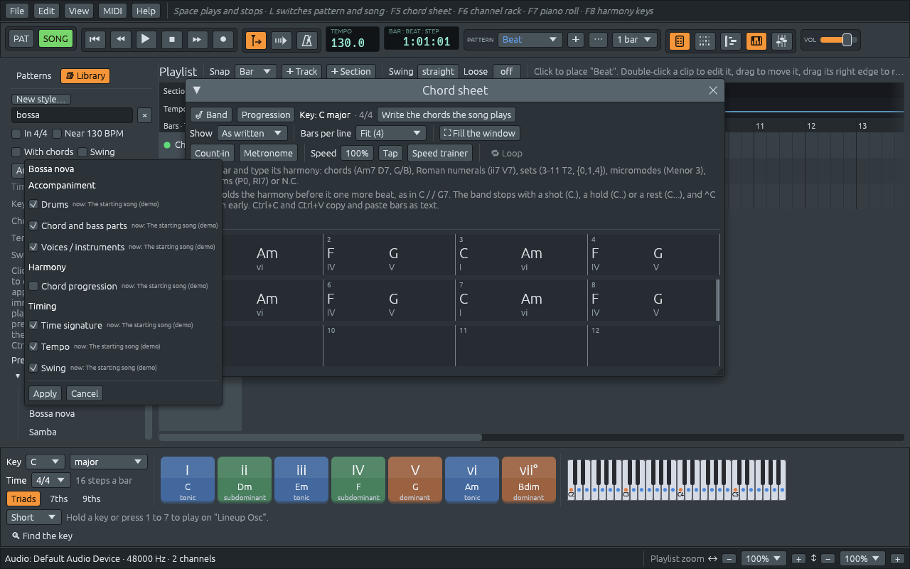 The starting song with Bossa nova clicked in the Library: its window lists what it can bring, under Accompaniment Drums, Chord and bass parts and Voices / instruments, under Harmony Chord progression, and under Timing Time signature, Tempo and Swing, each saying now: The starting song (demo)