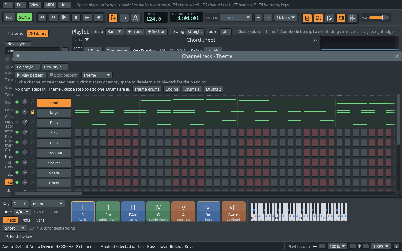 The channel rack of Ode to Joy after applying Bossa nova: the Keys channel’s padlock closed and orange, between its knob and its name, and the status bar ending with Kept: Keys