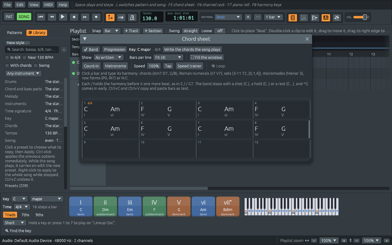 The main window when the app starts for the first time: the menus and the toolbar at the top, the Library on the left, the chord sheet of the starting song over the playlist, and the harmony keys along the bottom