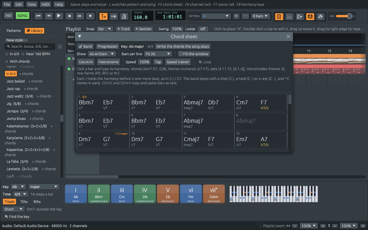 Ferrous Lineup with the demo Tea for Two open: the chord sheet in front, with a Roman numeral under each chord, the playlist behind it, the Library on the left and the harmony keys along the bottom