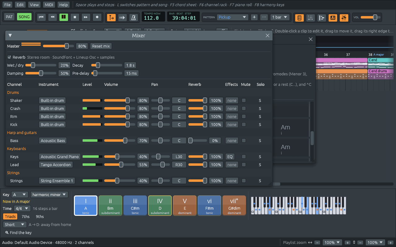 The mixer of the El Choclo demo while it plays: the meters lit on every line, the reverb on, the Keys panned to L30 with EQ in its Effects column, the Lead panned to R30, the Bass with no reverb (0%), and the channels grouped as Drums, Harp and guitars, Keyboards and Strings