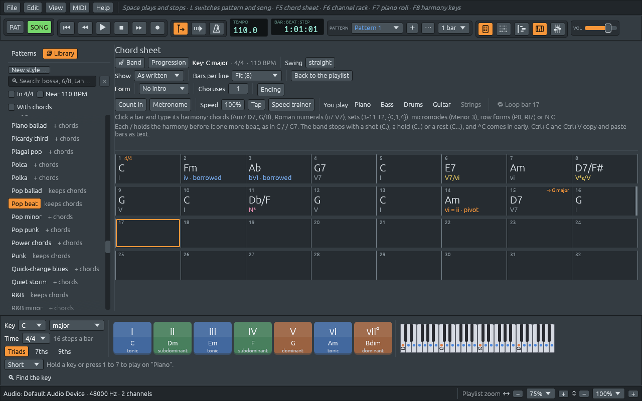 Sixteen bars on the chord sheet, in C major moving to G major: C, Fm (iv · borrowed) and Ab (bVI · borrowed) in blue, G7, C, E7 (V7/vi) in yellow, Am, D7/F# (V⁶₅/V) in yellow, G, C, Db/F (N⁶) in pink, G, C, Am (vi = ii · pivot) in orange, D7 with “→ G major” over it, and G