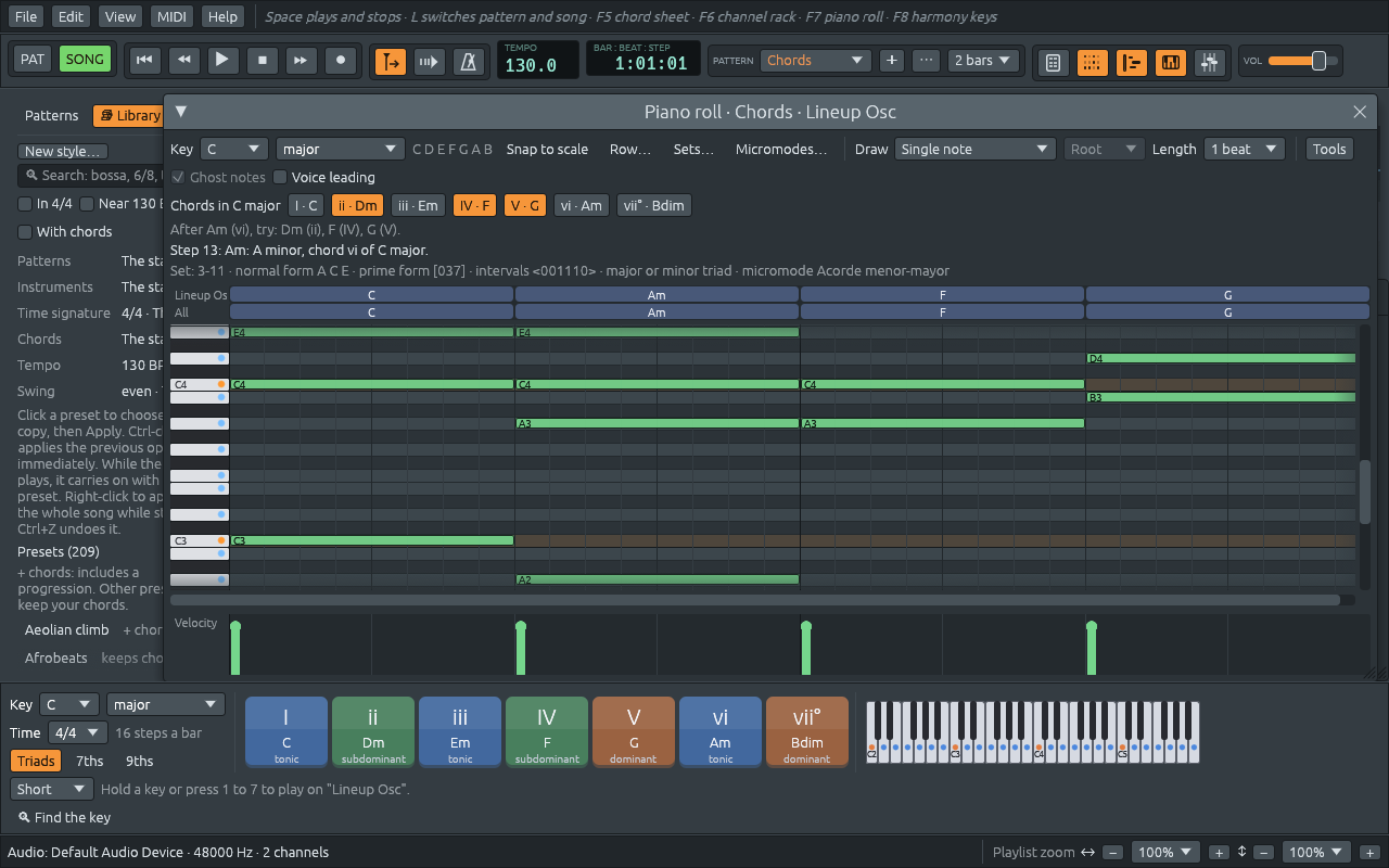The piano roll on the starting song’s Chords pattern: the toolbar with the key, Snap to scale, Row…, Sets…, Micromodes…, Draw, Length and Tools; the chord buttons of C major with ii, IV and V lit after Am; the line “Step 13: Am: A minor, chord vi of C major.” and the chord names C, Am, F and G over the grid, and the velocity lane under it