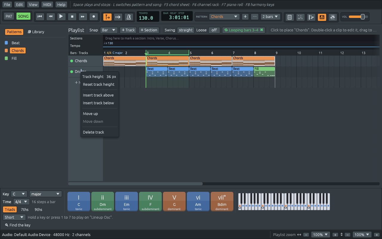 The starting song’s playlist with the Patterns tab open on the left (Beat, Chords and Fill, each with its colour), bars 3 and 4 looped on the bar numbers, and the right-click menu of the Drums track: Track height, Reset track height, Insert track above, Insert track below, Move up, Move down and Delete track