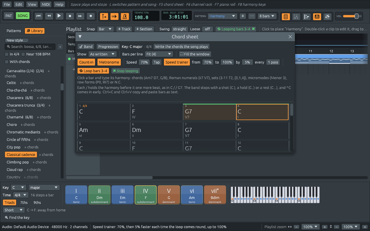 The chord sheet of the demo Classical cadence with its practice row: Count-in and Metronome lit, Speed 70%, Speed trainer lit with “from 70% to 100% by 5% every 1 pass”, and “Loop bars 3–4” lit next to “Stop looping”. Bars 3 and 4 are shaded, with a green line along their top. The toolbar shows TEMPO 70% and the playlist “Looping bars 3–4”, and the status bar says “Speed trainer: 70%, then 5% faster each time the loop comes round, up to 100%”.