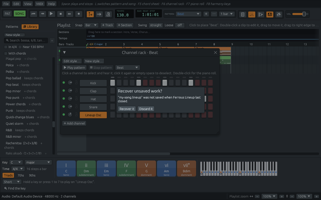 The question at the start, over the starting song: “Recover unsaved work?”, “my-song.lineup” was not saved when Ferrous Lineup last closed, with the buttons Recover it and Discard it