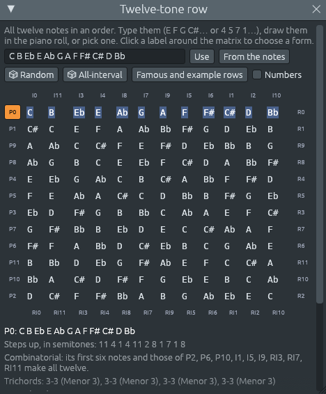 The Twelve-tone row window for the row of Webern’s Concerto, Op. 24, on C: C B E♭ E A♭ G A F F♯ C♯ D B♭, with its matrix of 48 forms, P0 selected, and under it “Steps up, in semitones: 11 4 1 4 11 2 8 1 7 1 8”, which forms are combinatorial with it, and its trichords, all four 3-3 (Menor 3)