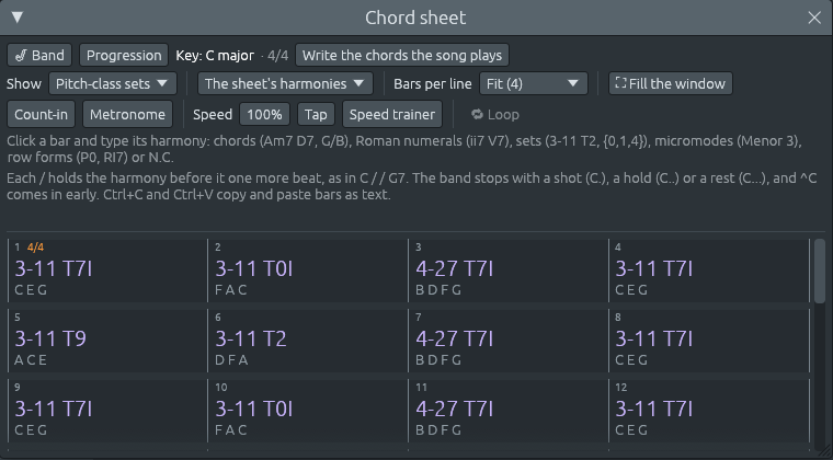 The chord sheet of the demo Classical cadence with Show set to Pitch-class sets: C, F, G7, C, Am, Dm, G7, C written as 3-11 T7I (C E G), 3-11 T0I (F A C), 4-27 T7I (B D F G), 3-11 T7I, 3-11 T9 (A C E), 3-11 T2 (D F A), 4-27 T7I and 3-11 T7I, each with its notes under it