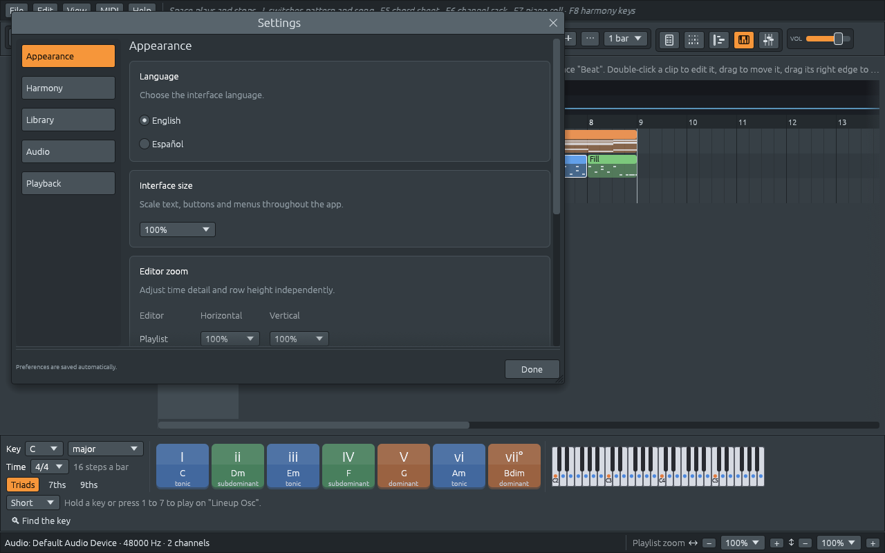 The Settings window on its Appearance page: the pages Appearance, Harmony, Library, Audio and Playback down the left, and Language (English, Español), Interface size and Editor zoom