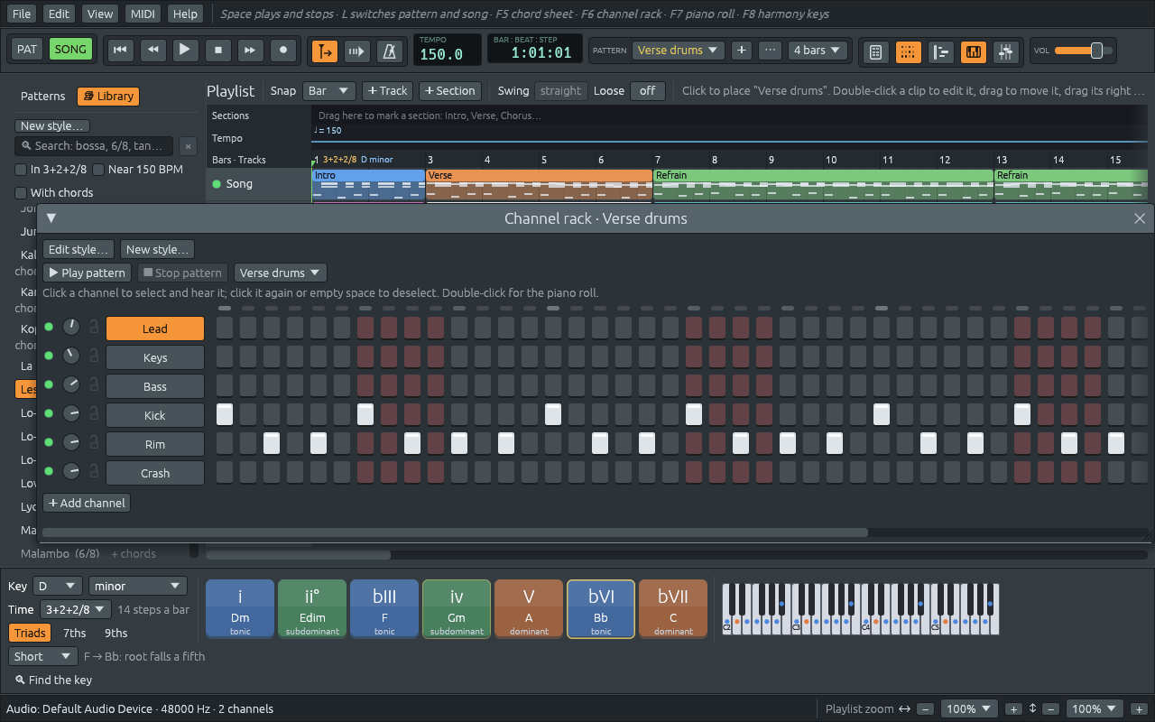 The channel rack of the demo Ajde Jano, in 3+2+2/8, showing its pattern Verse drums: 14 steps to the bar, the steps of each beat shaded together, 6, 4 and 4. The kick plays on steps 1, 7 and 11, the first step of each beat, and the rim on the eighth notes between them. Time in the harmony keys reads 3+2+2/8, 14 steps a bar.