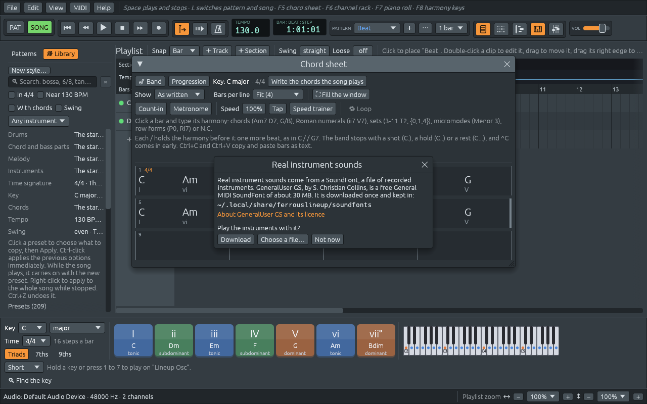 The app as it opens for the first time: the Real instrument sounds window over the starting song’s chord sheet offers GeneralUser GS and asks “Play the instruments with it?”, with Download, Choose a file… and Not now
