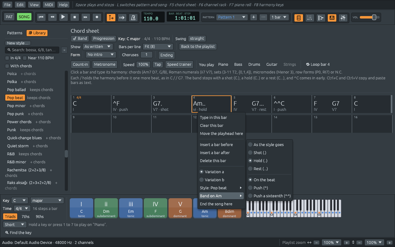 A chord sheet with a push on F, a shot on G7, a hold on Am, a rest on G7 and a sixteenth-note push on C, each with its word under the chord, and the right-click menu Band on Am open with As the style goes, Shot, Hold, Rest, On the beat, Push and Push a sixteenth