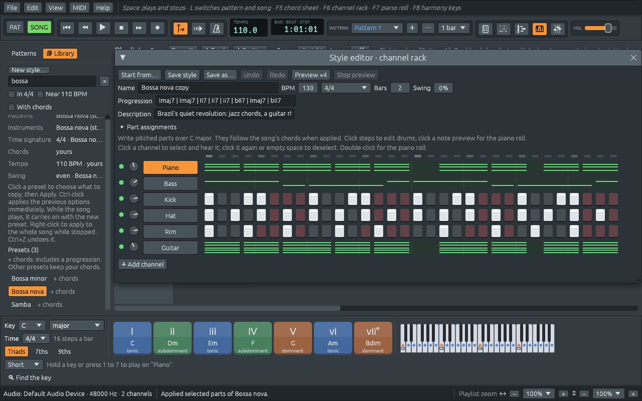 The style editor on a copy of Bossa nova: Start from…, Save style, Save as…, Undo, Redo, Preview ×4 and Stop preview along the top, then Name, BPM, the time signature, Bars, Swing, Progression, Description and Part assignments, and the style’s lanes: Piano, Bass, Kick, Hat, Rim and Guitar