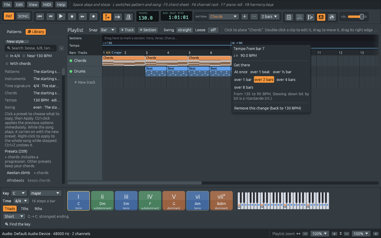 The tempo strip of the starting song with a change at bar 7 marked “rit. → 90”, and its menu open: Tempo from bar 7, ♩ = 90.0 BPM, Get there with At once, over 1 beat, over ½ bar, over 1 bar, over 2 bars (lit), over 4 bars and over 8 bars, the line “From 130 to 90 BPM. Slowing down bit by bit is a ritardando (rit.).” and Remove this change (back to 130 BPM)