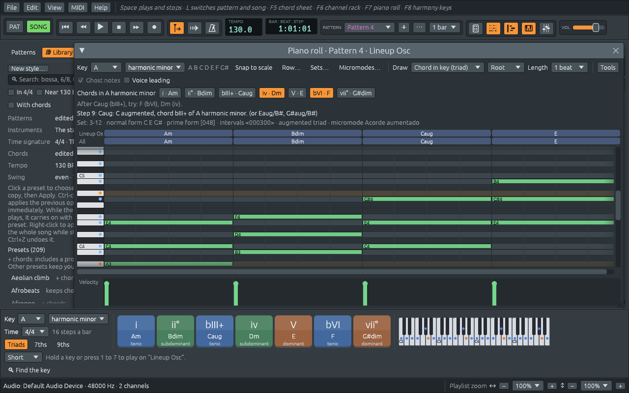 The piano roll in A harmonic minor with one triad of each kind drawn, a beat each: Am (A3 C4 E4), Bdim (B3 D4 F4), Caug (C4 E4 G#4) and E (E4 G#4 B4), named over the grid; the chord buttons of A harmonic minor, i · Am, ii° · Bdim, bIII+ · Caug, iv · Dm, V · E, bVI · F and vii° · G#dim; and the pointer on Caug: “Step 9: Caug: C augmented, chord bIII+ of A harmonic minor.”